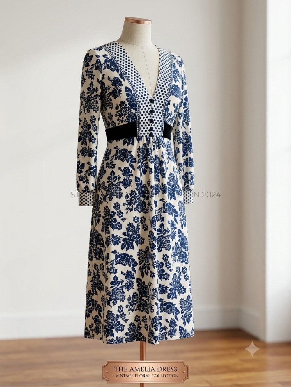 Donna Morgan Navy and Cream Floral V-Neck Long Sleeve Dress,  Size 4